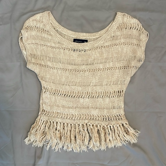 American Eagle Outfitters Sweaters - American Eagle Open Woven Knit Fringe Tassel Cream Sweater Top Women’s Size XS
